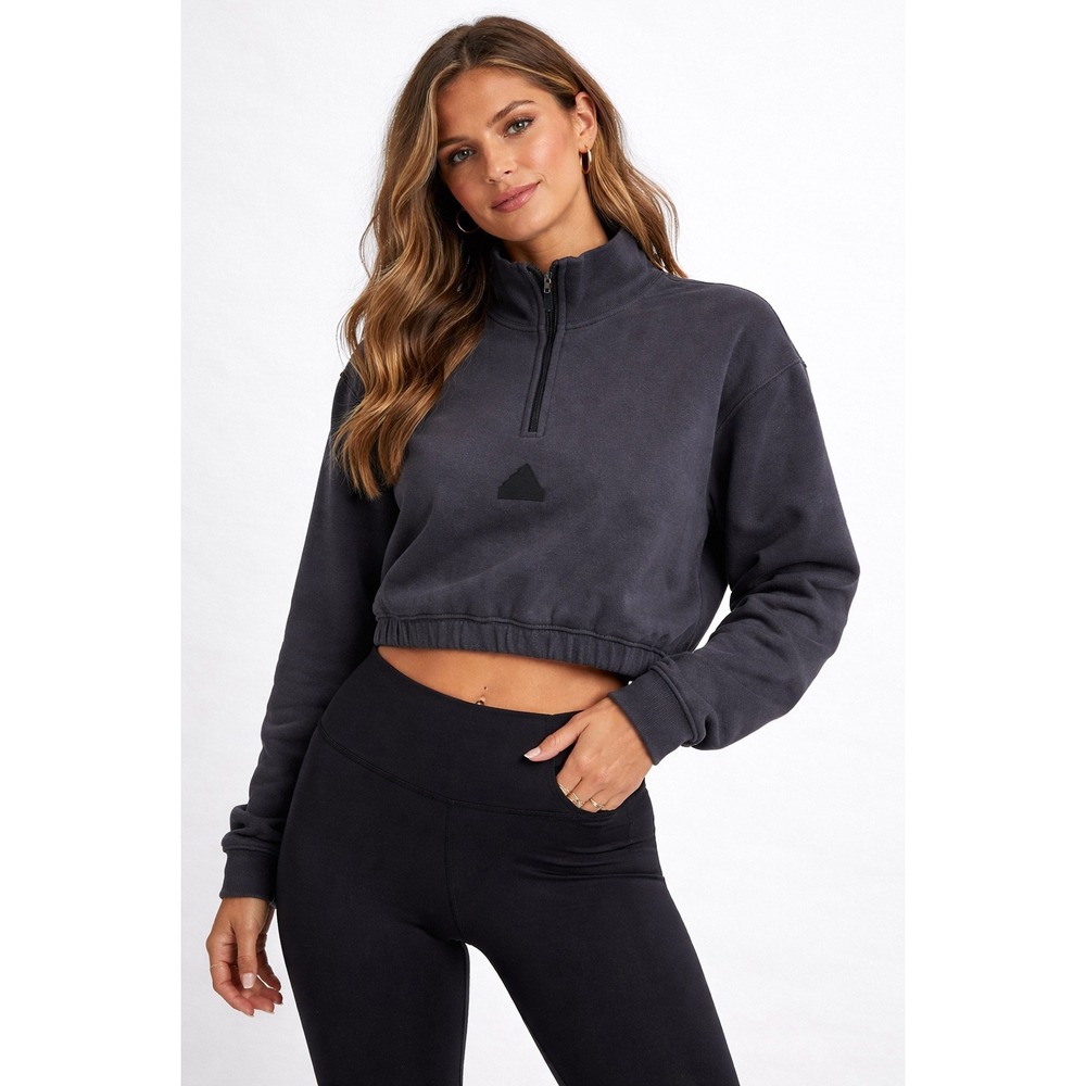Adidas Quarter Zip Cropped Sweatshirt Womens L Grey Mock Neck Sporty Athleisure
